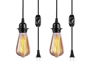 Vintage Plug in Hanging Light Kit, Elibbren Industrial Style Pendant Lighting E26 E27 Lamp Socket 12.14FT Twisted Textile Black Cord with Dimmable On/Off Switch Plug in Lamp Fixture 2 Pack