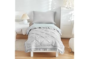 FLYSHEEP 4 Pieces Pinch Pleated Toddler Bedding Set with Ruffle Fringe, Solid Color Grey Unisex Pintuck Toddler Sheet Sets for Baby Boys and Girls, Includes Comforter, Flat Sheet, Fitted Sheet and Pillowcase