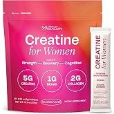 Creatine for Women with Collagen Peptides, Stick Packs, Strength Support | Cognitive Health Glow &amp; Recovery Support, Creatine Monohydrate Powder 5g + Collagen Powder 2g + BCAAs 1g, Unflavored, 30 Ct