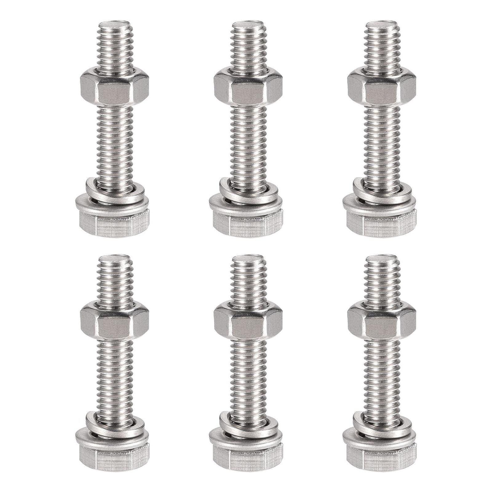 TOP-VIGOR 6Pcs M6 x 30mm Hex Head Screws Bolts, Nuts, Flat & Lock Washers Kits, 304 Stainless Steel Fully Thread Hexagon Bolts for DIY Bike Motorcycles Repair