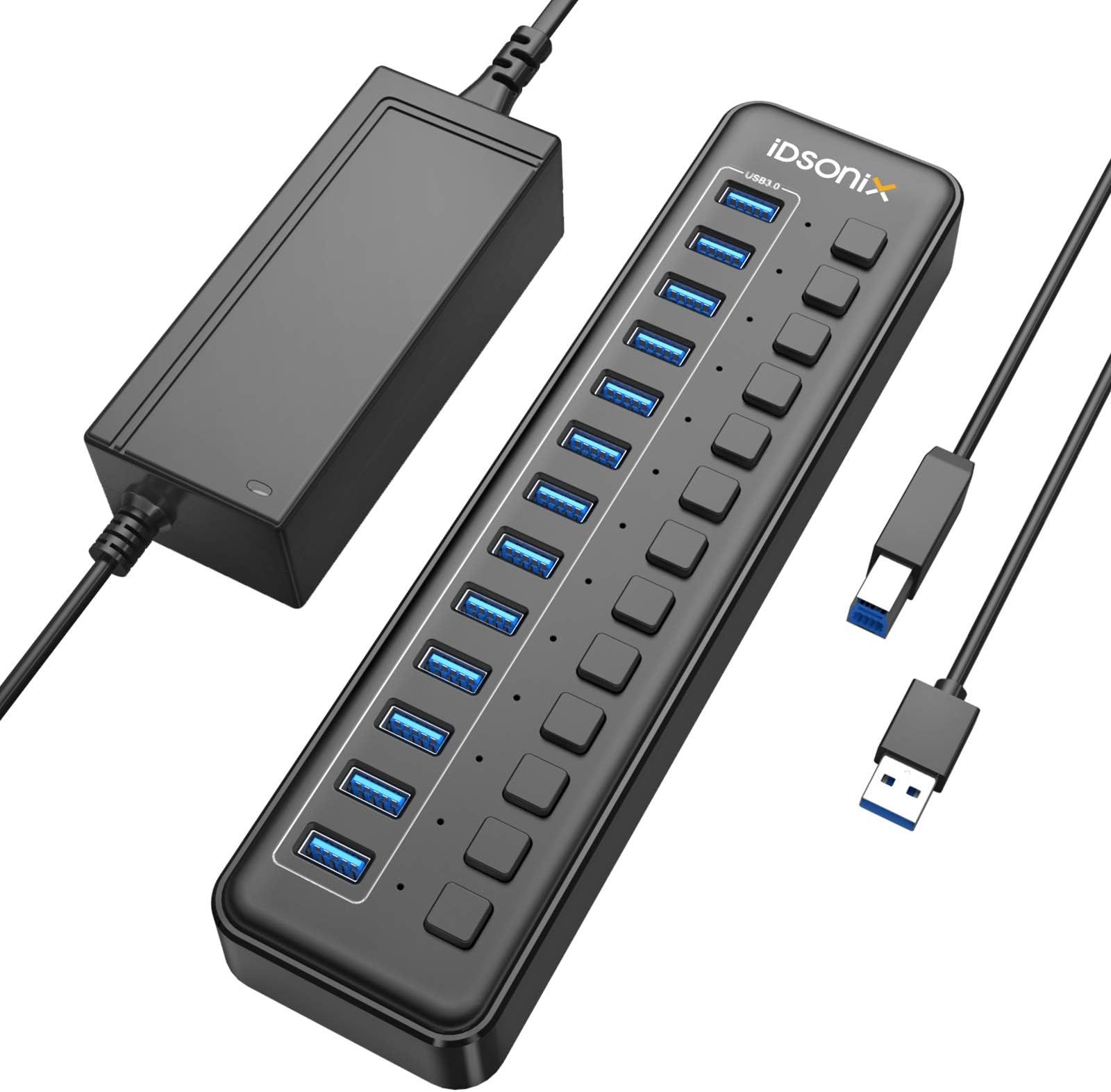 iDsonix USB 3.0 Hub, 13-Port 12V / 5A Powered USB Hub with Individual Switches 5Gbps High Speed Transfer BC1.2 (5V2.4A) Fast Charge USB Splitter for Laptop, PC, HDD, SSD and More -Black