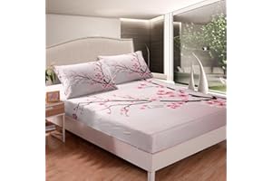 Feelyou Cherry Blossoms Bed Sheet Set Sakura Flowers Branch Fitted Sheet Pale Pink Bedding Set for Girly Girls Teens Kids Child,Japanese Spring Bed Cover Queen Size 1 Bed Sheet SetWith 2 Pillow Case