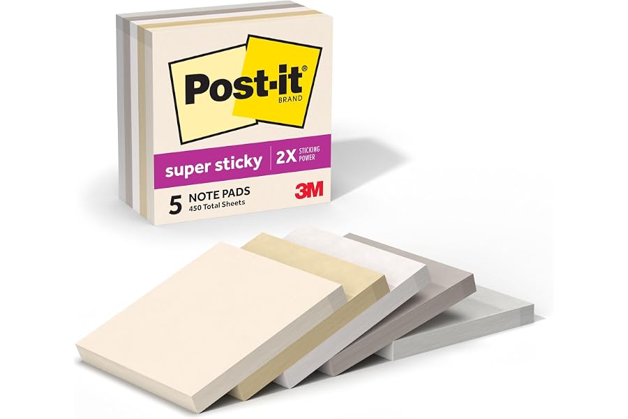 Post-it Super Sticky Notes, 3 x 3 in, Neutrality, 5 Pads, 90 Sheets/Pad | School Supplies and Oﬃce Supplies, 2X the Sticking Power