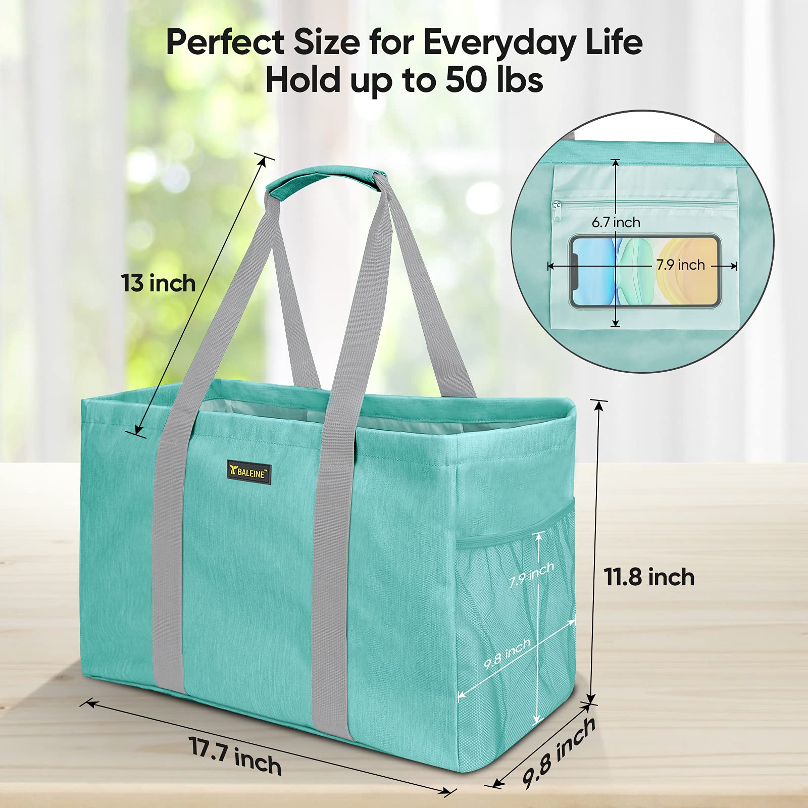 BALEINE BALEINE Soft 9 Gallon Extra Large Utility Tote, Foldable Reusable Storage Bag (Sea Green)