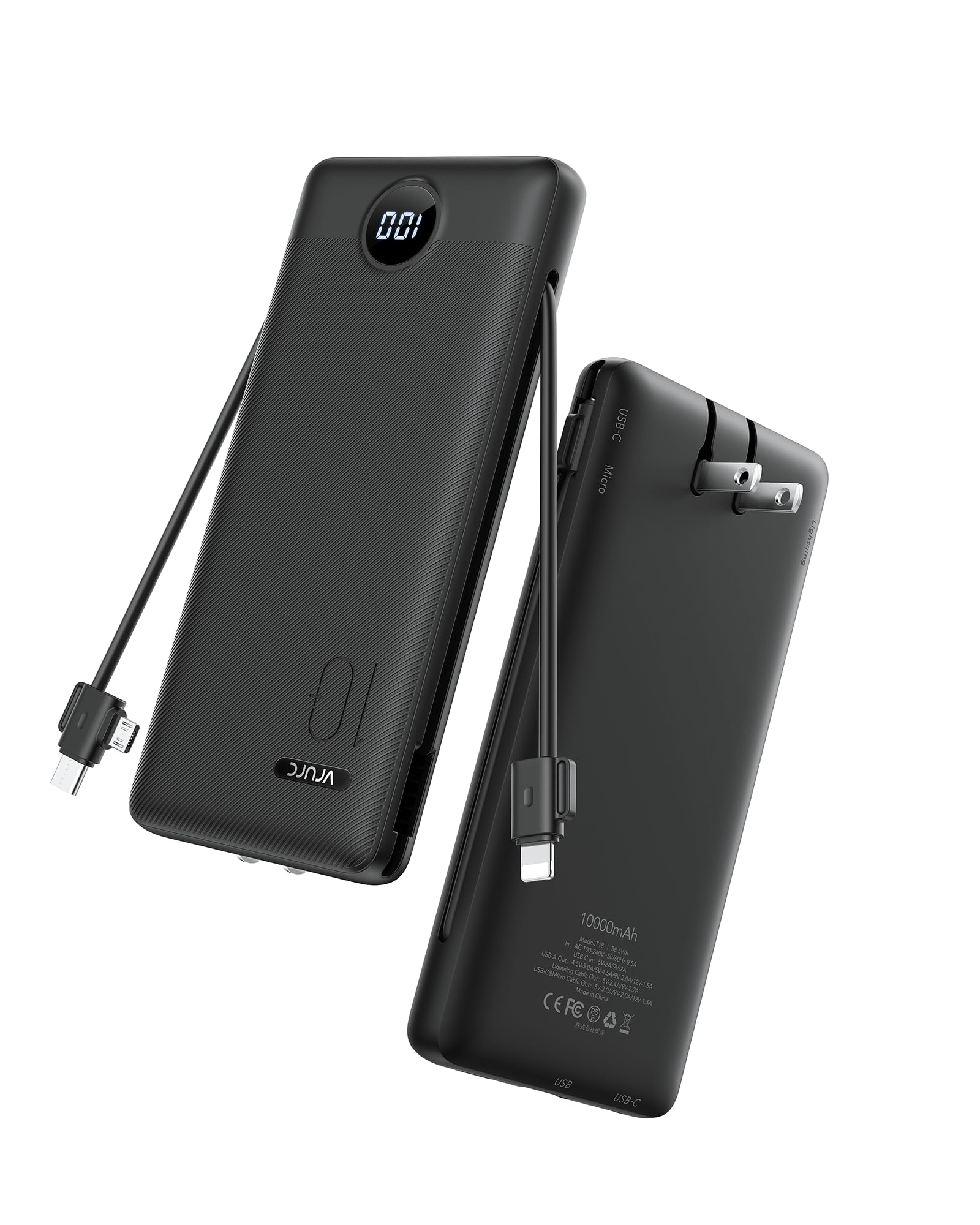 VRURC Portable Charger Power Bank - 10000mAh Fast Charging PD 20W with Wall Plug Slim Portable Charger Built in Cables USB C Portable Phone Charger Travel Accessories -Black(1 Pack)
