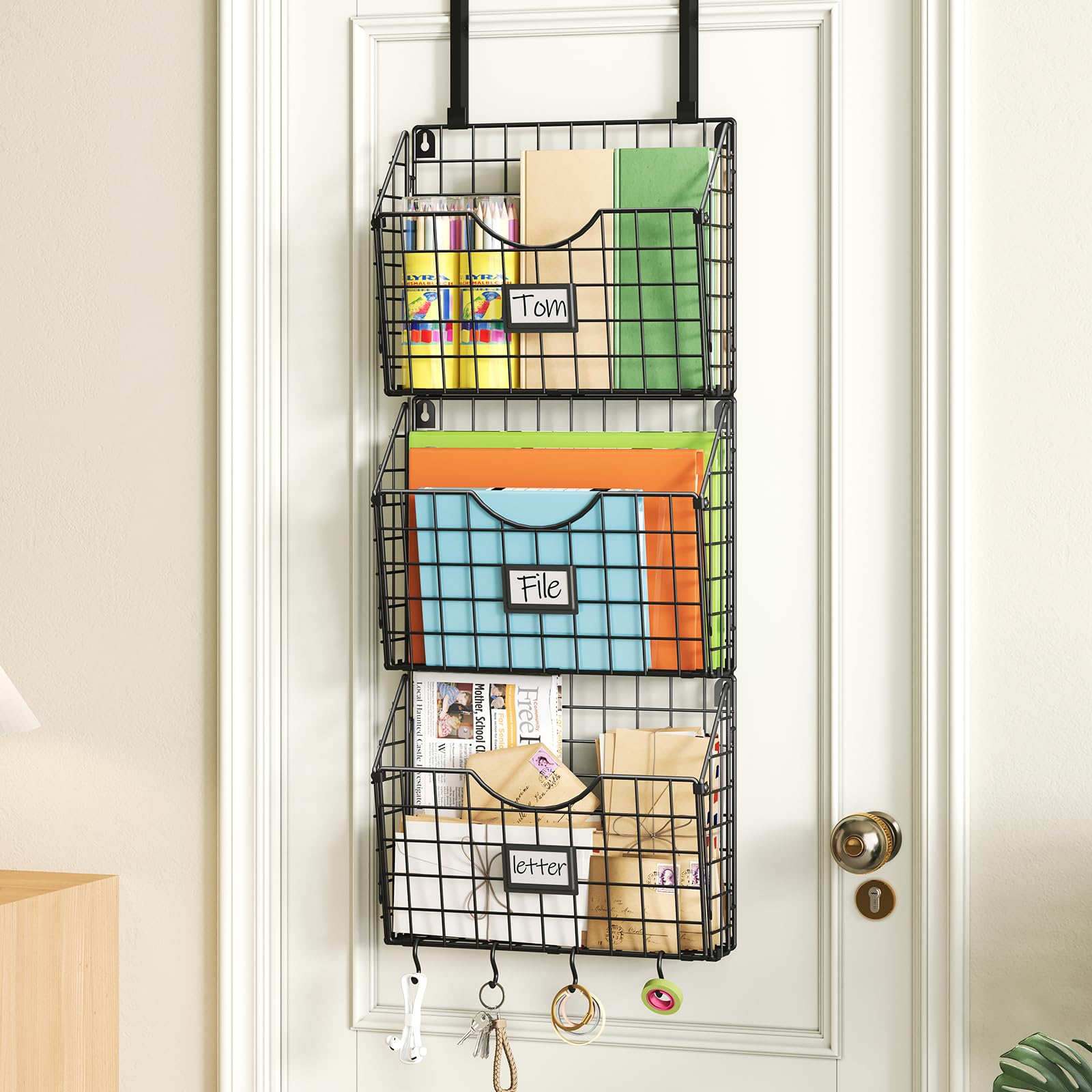 Photo 1 of X-cosrack 3-Tier Hanging Wall Files Rack with Door Hooks and 6pcs S Shape Hooks, Over the Door File Organizer &Mounts on Wall Metal Folder, with Tag Slot Great for Office Home and Work- Black