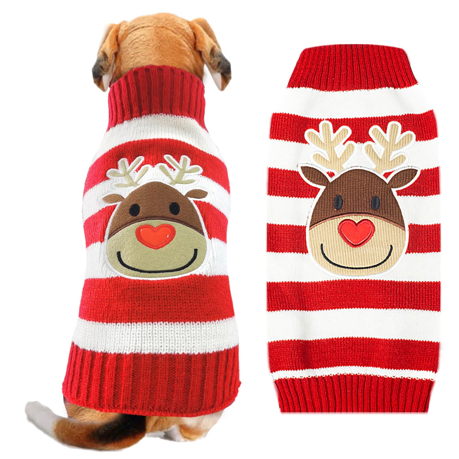 ABRRLO Dog Christmas Jumper Striped Reindeer Outfits Ugly Xmas Pet Sweater Puppy Cat Holiday Costume New Year Clothes Gift for Small Medium Large Dogs (Red White Reindeer,XXL)