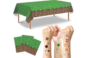Bigear 3PCS Pixel Tablecovers with 54PCS Temporary Tattoos,Waterproof Oil-Proof Plastic Table Cloth,Video Game Party Birthday Party Decorations,Gamer Birthday Tablecloth Party Supplies