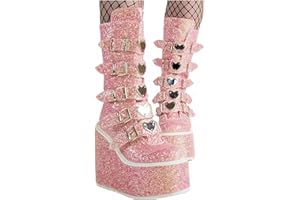 HINDOLA Women Platform Punk Goth Mid Calf Chunky High Heel Round-Toe Buckle Back-Zip Knee High Booties Combat Boots for Women