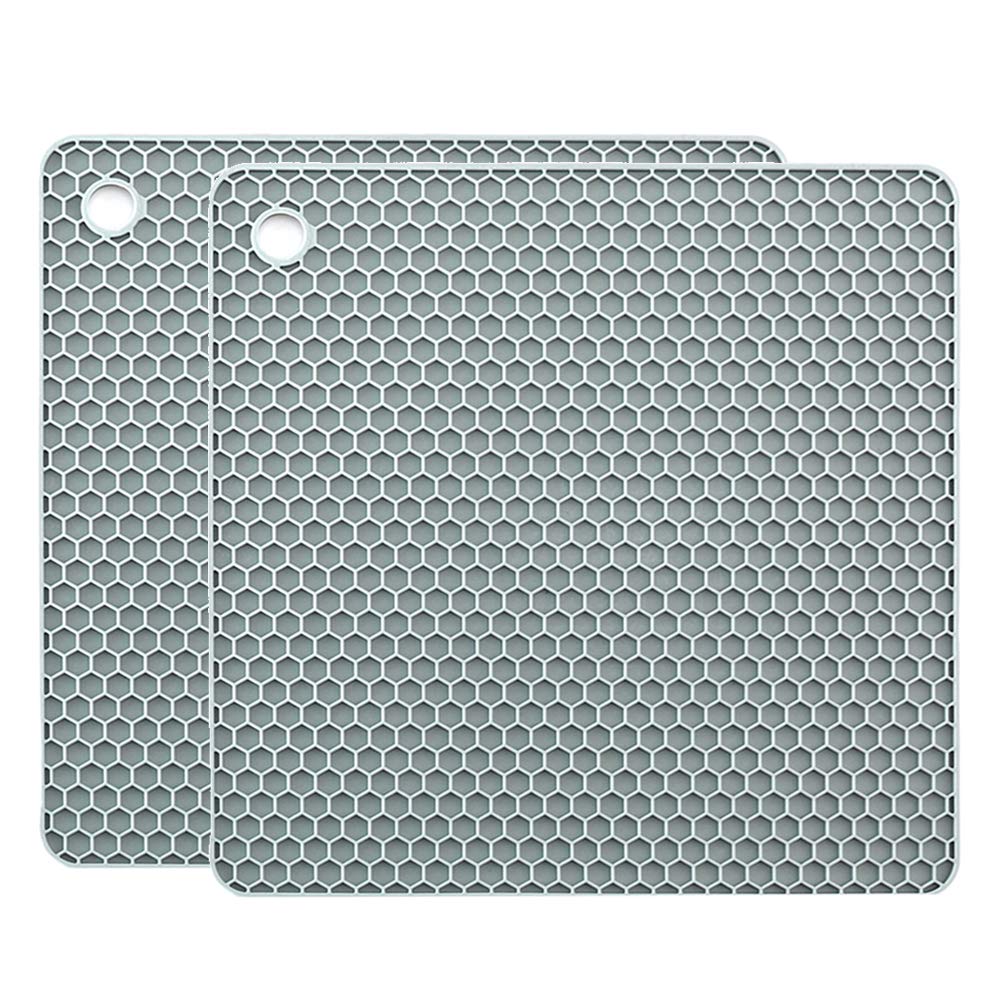 YOFASEN Premium Square Silicone Trivet (Set of 2) - Heat Resistant Mat Pot Holder, Home Kitchen Waterproof Trivet, 18.2x18.2x0.6cm, Grey
