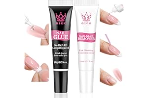 QIEK No-Lamp Nail Glue & Remover Set for Press Ons, 10ml Quick Dry 28 Days Super Strong Hold Glue on Nails, 10g Gentle Easy Removal with Tools Set for Beginner DIY Home, Not for Gel Polish Base Coat