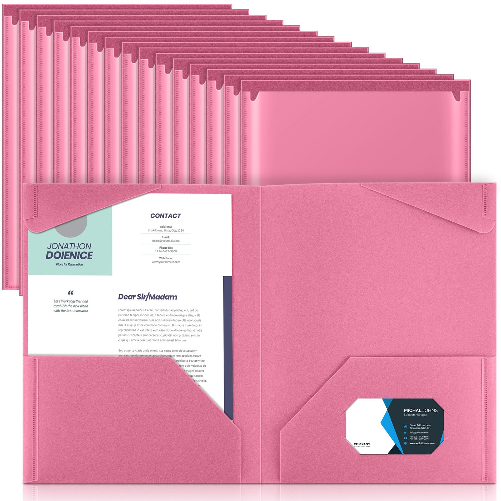 Photo 1 of Henoyso 36 Pcs Plastic Folders with Clear Front Pockets Heavy Duty File Folders with 2 Pockets and Card Slot for Student Communication School Office Presentation Report (Pink)
