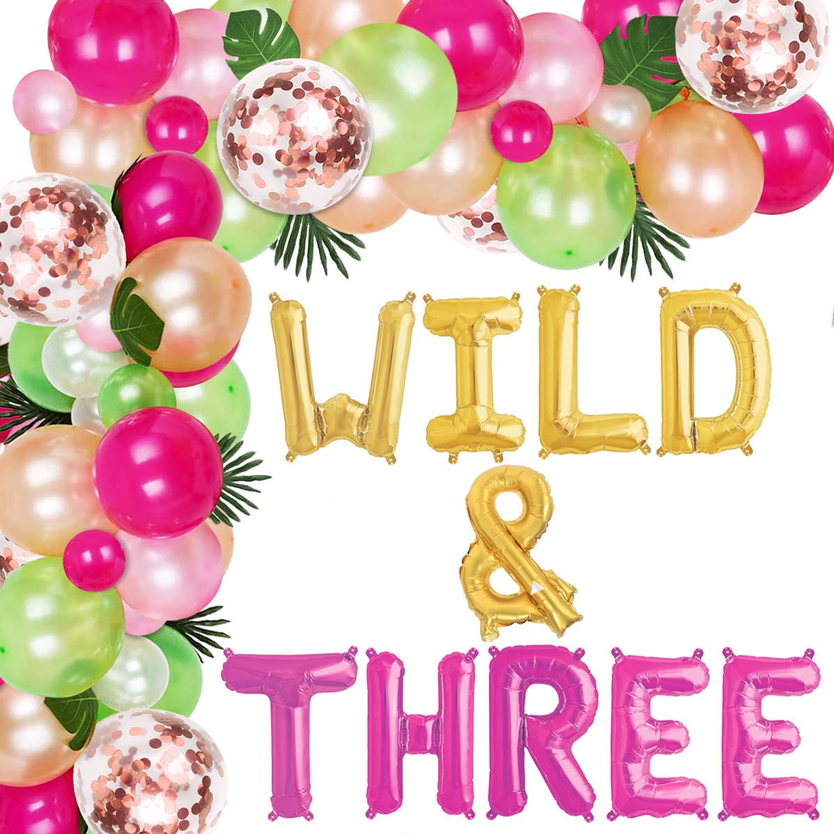 WILD & THREE Birthday Decorations, Tropical Balloons Garland Arch Kit for Girl Palm Leaves for Hawaii Luau Flamingo Themed 3rd Party Supplies