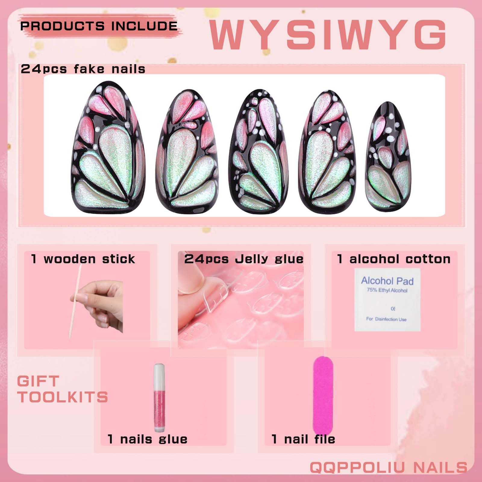 QQPPOLIU Medium Press on Nails Almond Shape with Butterfly Designs 3D Glue on Nails, 24pcs for Girl - Image 2