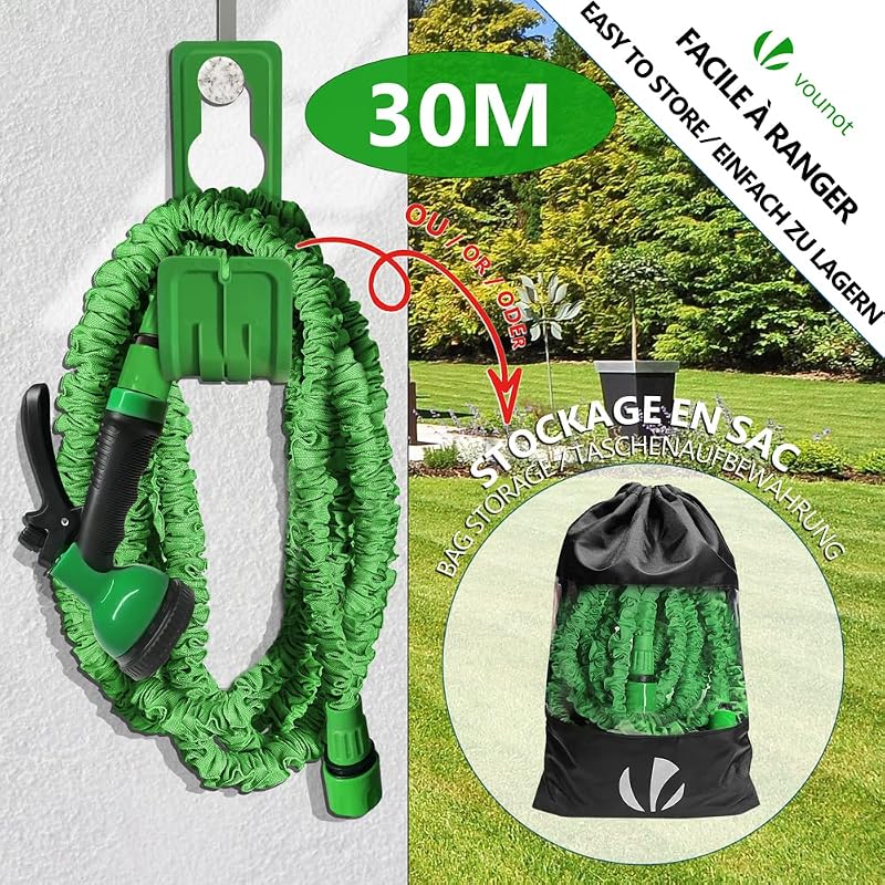 Flexibler Gartenschlauch 15 m, Flexibel Wasserschlauch Dehnbarer mit 10 Sprühfunktionen, 1/2 Zoll und 3/4 Zoll Schnelladaptern, Aufbewahrungstasche inklusive, Grün