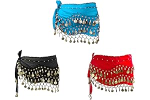 PASDUCHAS 3 PCS Belly Dancing Hip Scarf, Dancer Skirt Scarves with 128 Gold Coins