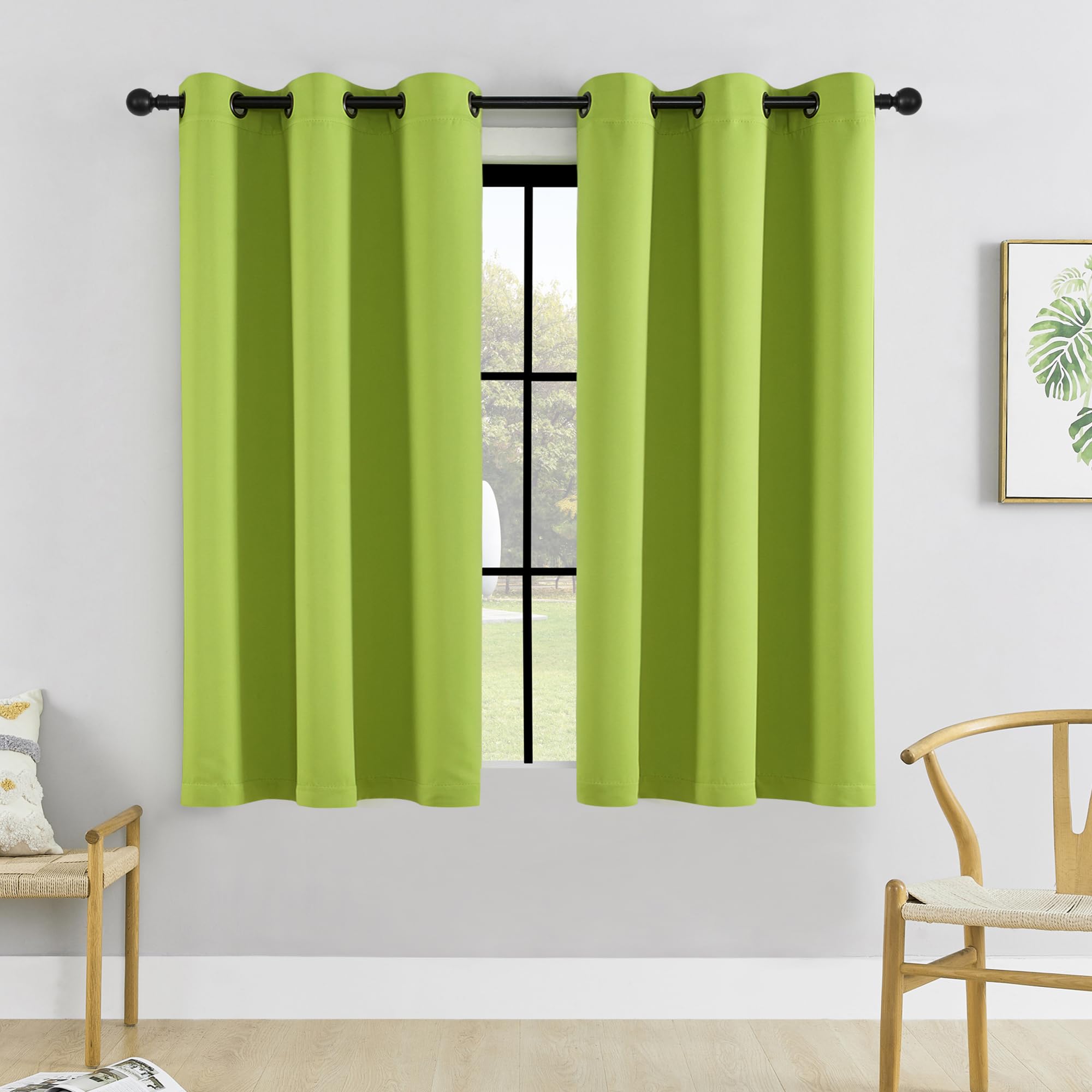HUTO Short Blackout Curtains Drapes - Thermal Insulated Antique Copper Grommet Black Out Drapery Panels for Basement Bathroom Small Windows, Set of 2, 42 Inch by 45 Inch, Fresh Green