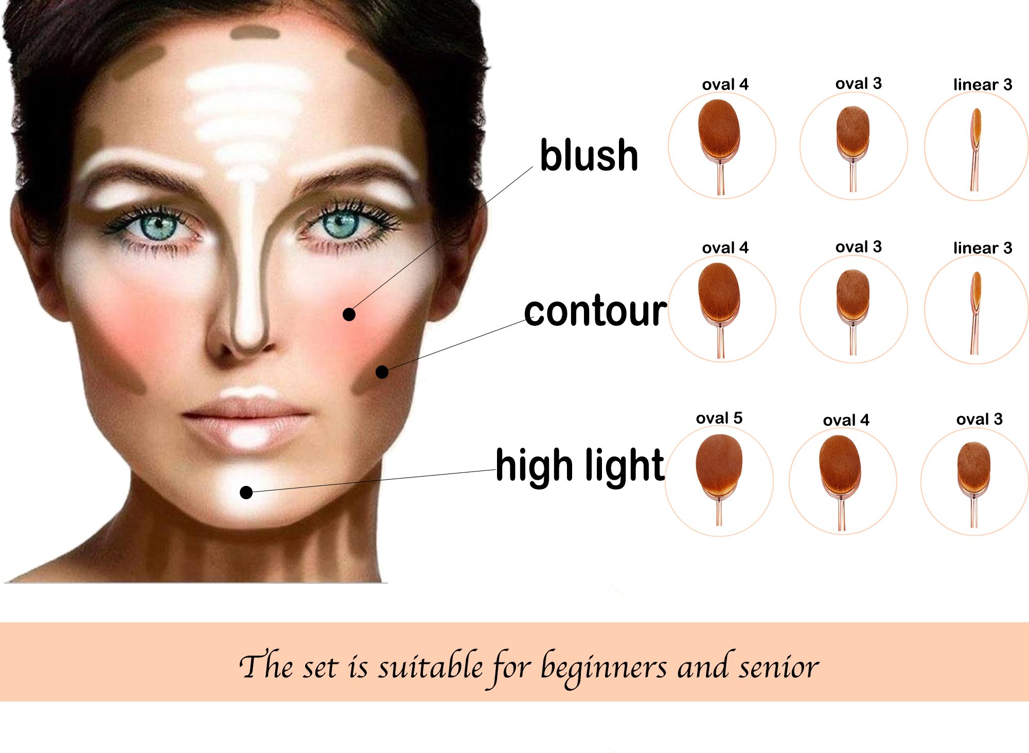 AngelFlipped Oval Professional Cosmetic Foundation Makeup Brush Set 10 Pcs Toothbrush Design(gold)