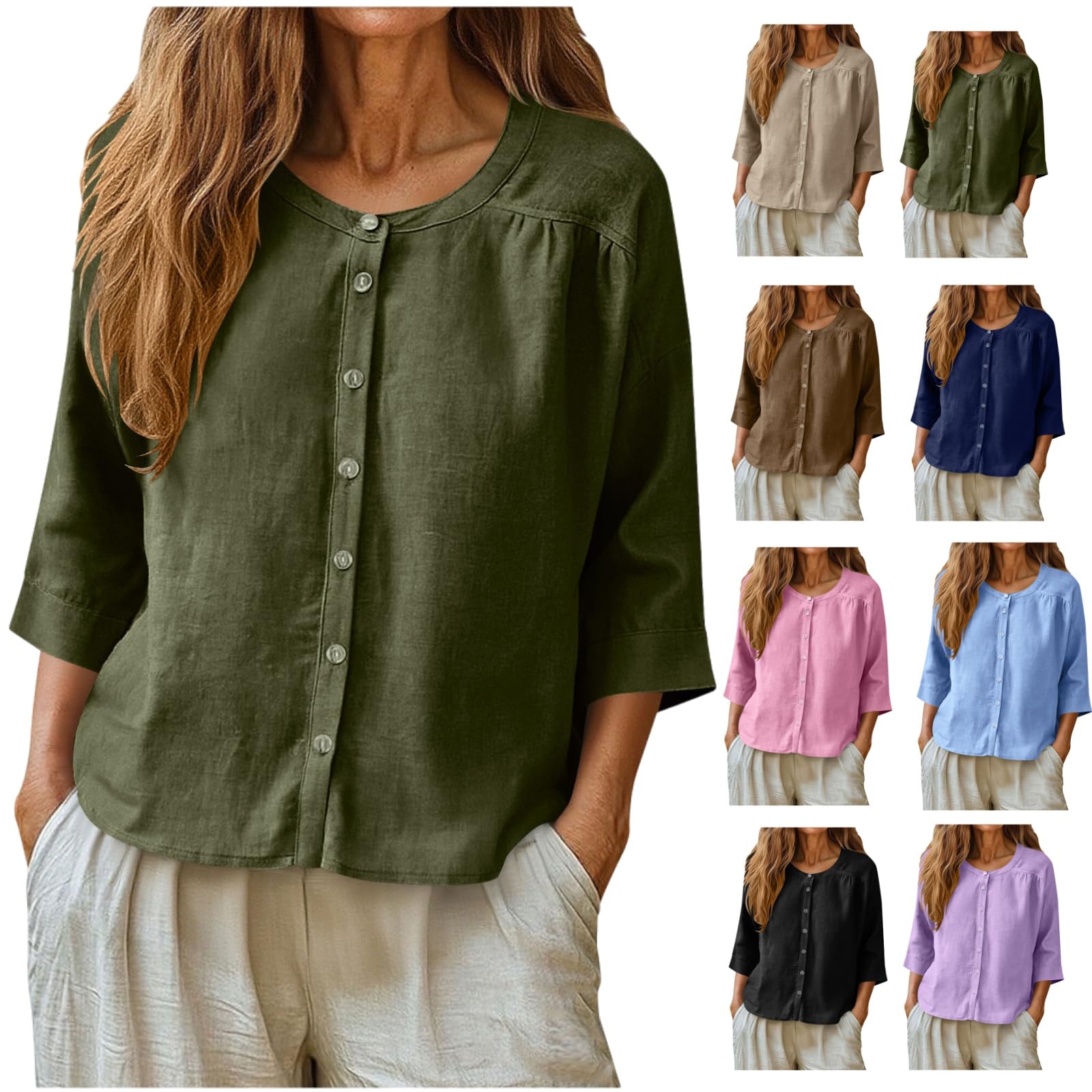 Linen Button Down Shirts for Women UK 3/4 Sleeve Tunic Tops Round Neck Gauze Blouse Casual Loose Fit Top Breathable Lightweight Linen Tops for Beach Vacation Work Office Wear Navy