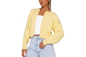 NVRENJIA Women Y2K Button Front Crop Sweater Cardigan Solid Color Crew Neck Long Sleeve Knit Fall Tops Streetwear