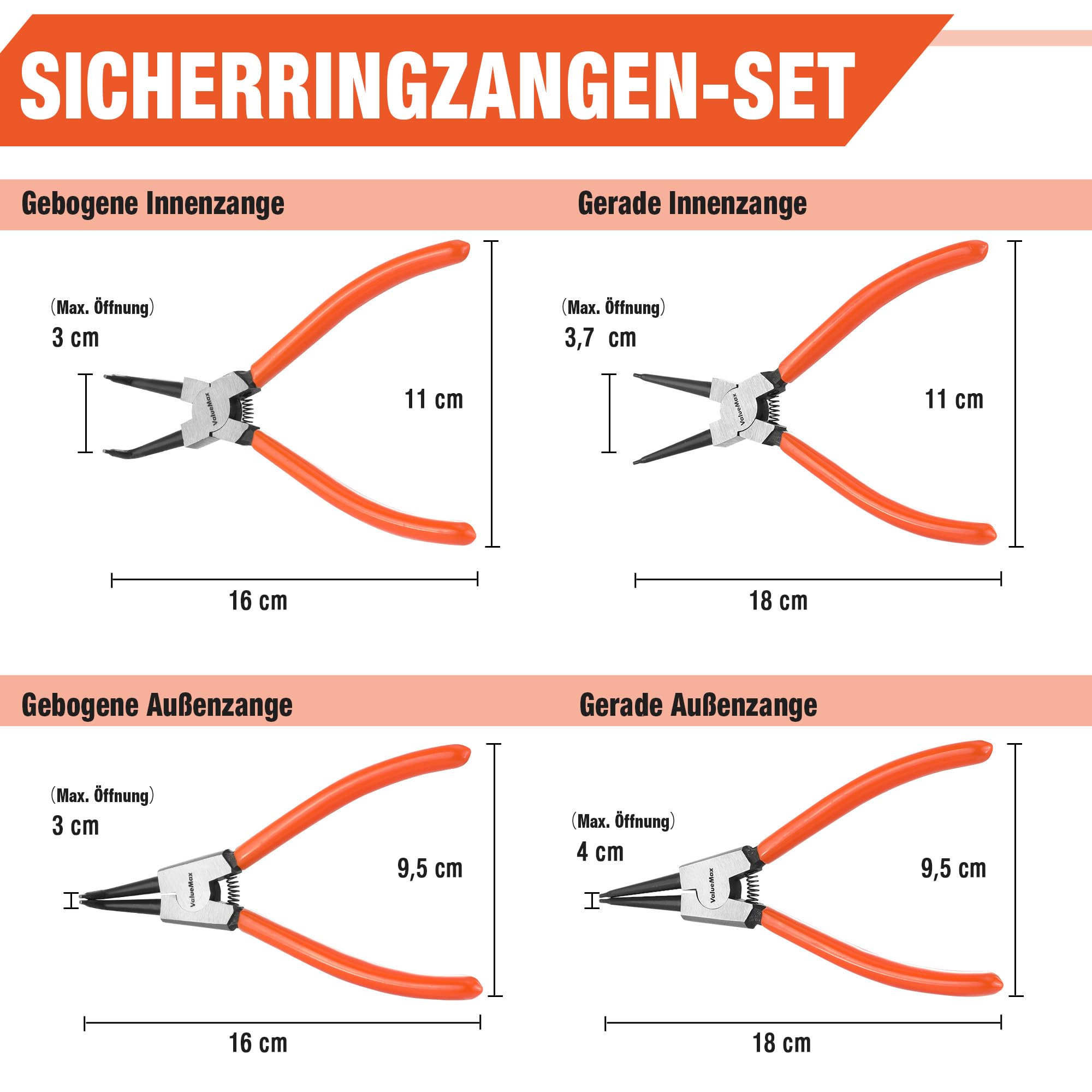 ValueMax Sprengringzangensatz 4tlg.,Sicherungsringzange Set 180mm mit Tasche, für Innen- und Außensicherungen, gerade, gebogen, Seegeringzangen 7