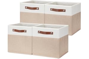 HNZIGE Fabric Storage Baskets Cubes Bins for Shelves, 11 x11 Foldable Storage Bins, Decorative Storage Basket with Leather Handles for Storage Clothes Home Nursery(White Beige-4Pack)
