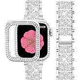 SUPOIX Compatible with Apple Watch Band 45mm + Case, Women Jewelry Bling Diamond Metal Bands & 2 Pack Protective Cover Cases for iWatch Series 9/8/7(Silver)