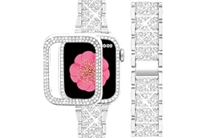 SUPOIX Compatible with Apple Watch Band 45mm + Case, Women Jewelry Bling Diamond Metal Bands & 2 Pack Protective Cover Cases for iWatch Series 9/8/7(Silver)