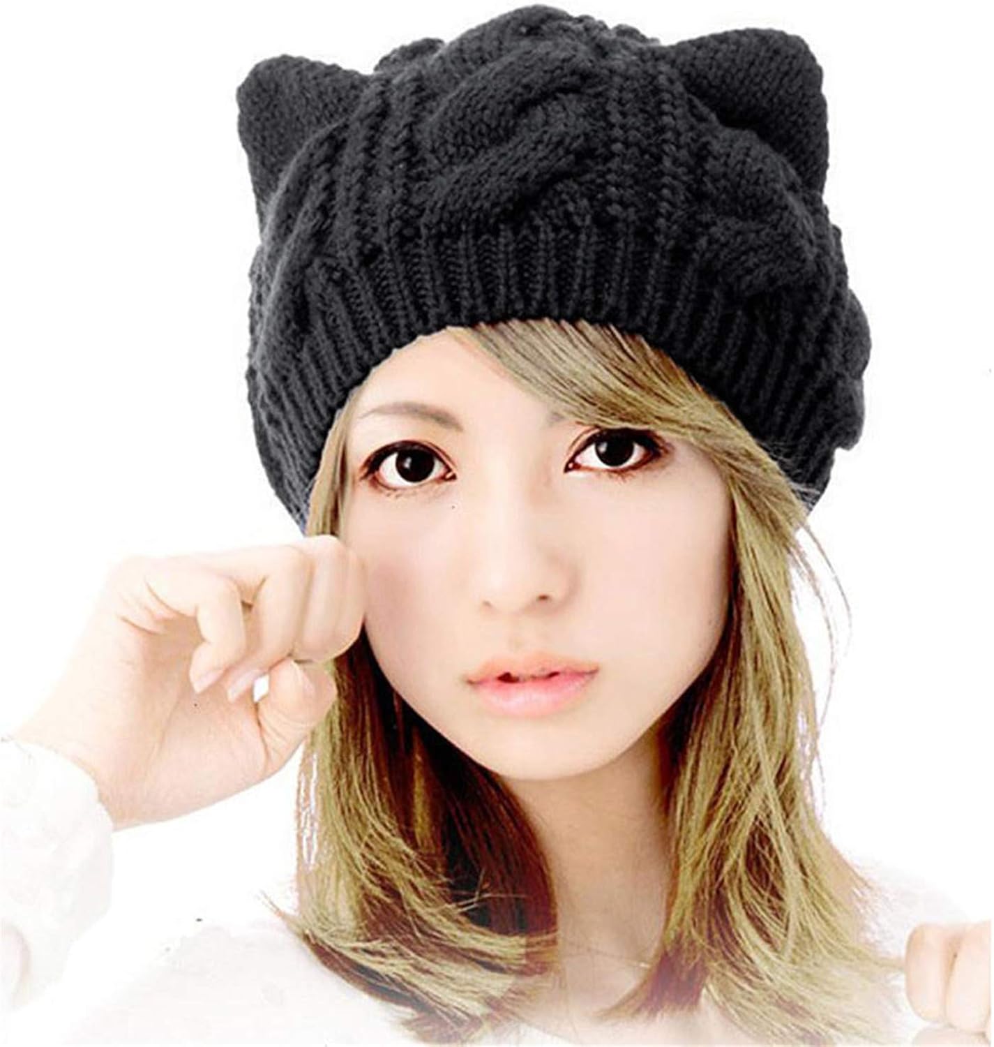 Women Teen Girls Cute Cat Ears Knit Winter Warm Hat Soft Beanie Skully Cap Black At Amazon Women S Clothing Store