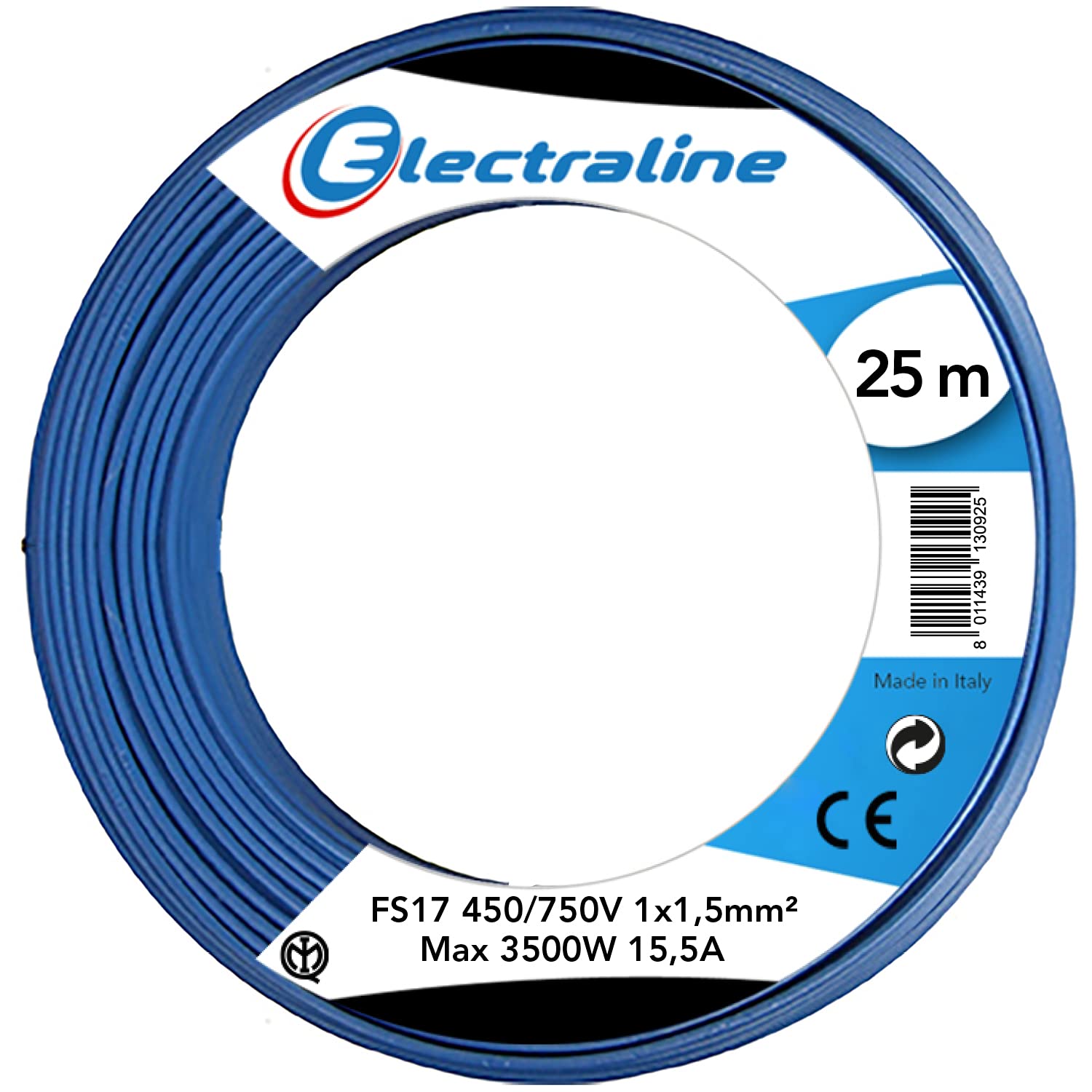 Electraline 13092 Unipolar Cable FS17, Section 1 x 1.5 mm², blue, 25 M