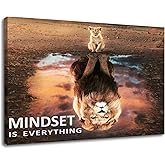 Mindset Is Everything Motivational Wall Art Inspirational Entrepreneur Quotes Posters Print Canvas Artwork Small Lion Big Lion Painting Picture for Home Office Framed Ready to Hang [18''W x 12''H]