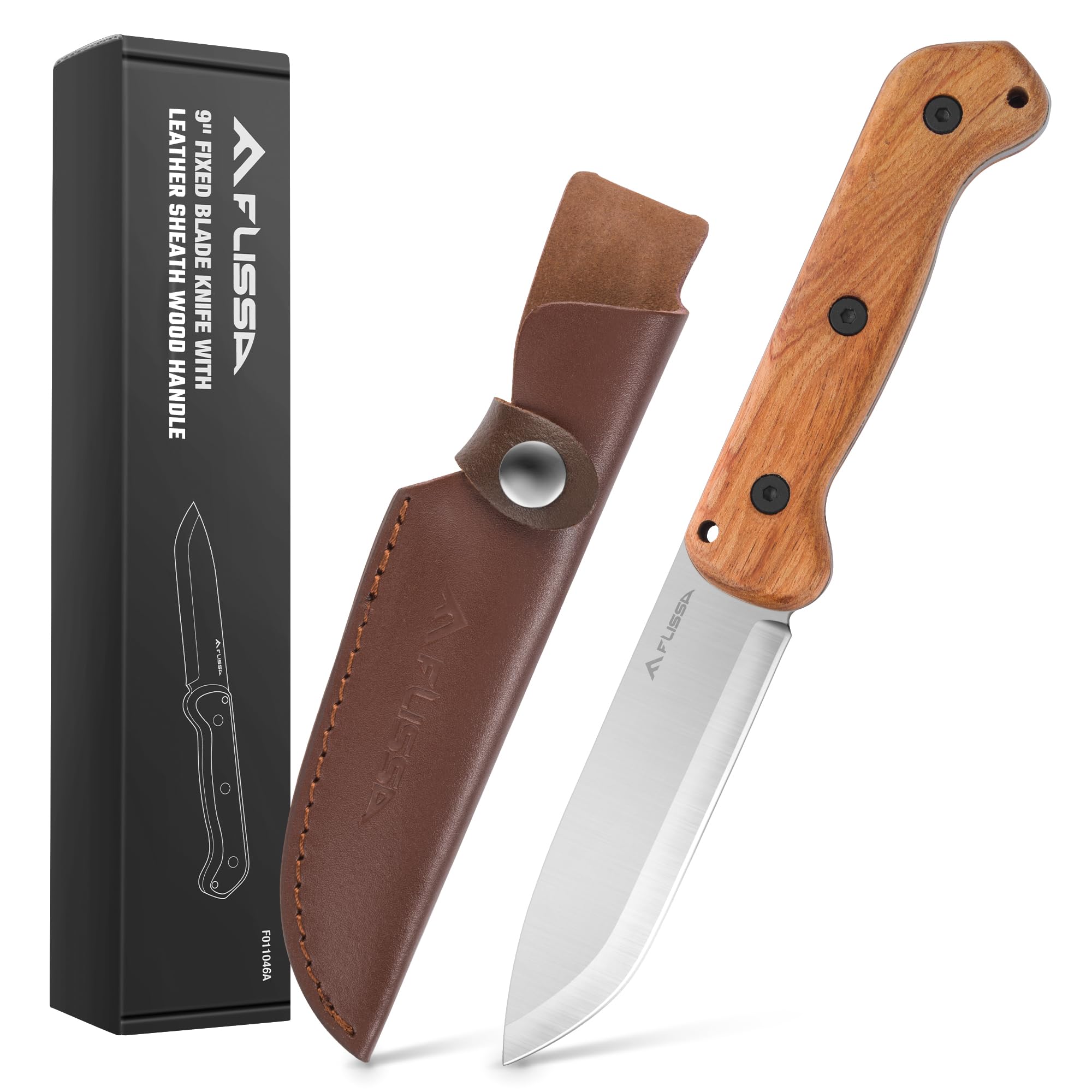 Photo 1 of FLISSA 9" Fixed Blade Knife, D2 Steel Hunting Knife for Camping, Outdoor, Bushcraft and Survival, Wood Handle, Leather Sheath Included, Christmas Gifts for Husband, Father, Friend