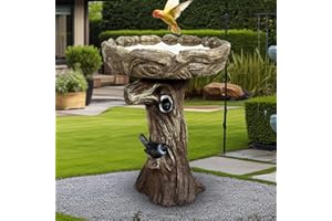 SKYFIRE 23” Tall Fibre Reinforced Concrete Birdbaths with Birds for Patio, Woodland Tree Trunk Decorative Outdoor Bird Bath f