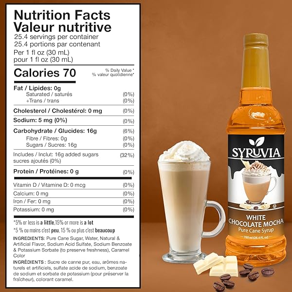 SYRUVIA WHITE CHOCOLATE MOCHA SYRUP FOR COFFEE 25.4 OUNCES, WHITE CHOCOLATE MOCHA FLAVORING FOR COFFEE