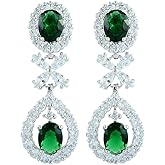 [RIZILIA BLOSSOM] Dangle Drop Pierced Earrings with Oval Cut CZ [3 Colors available] in White Gold Plated, Simple Modern Elegant