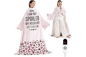 FAYKONCEN Wearable Heated Blanket for Women, Unique Christmas Birthday Gift for Wife, Electric Throw Blanket with Sleeves, Foot Pocket, Heated Robe for Mom, 3 Levels & Timer, ETL Safe, Spoiled Wife, Light Pink