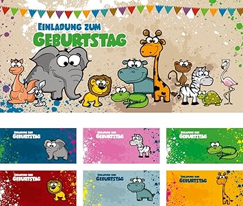 Set: 12 Einladungskarten Kindergeburtstag „Safari“ (inkl. 12 Briefumschläge mit unterschiedlichen Tieren) | Geburtstagseinlad
