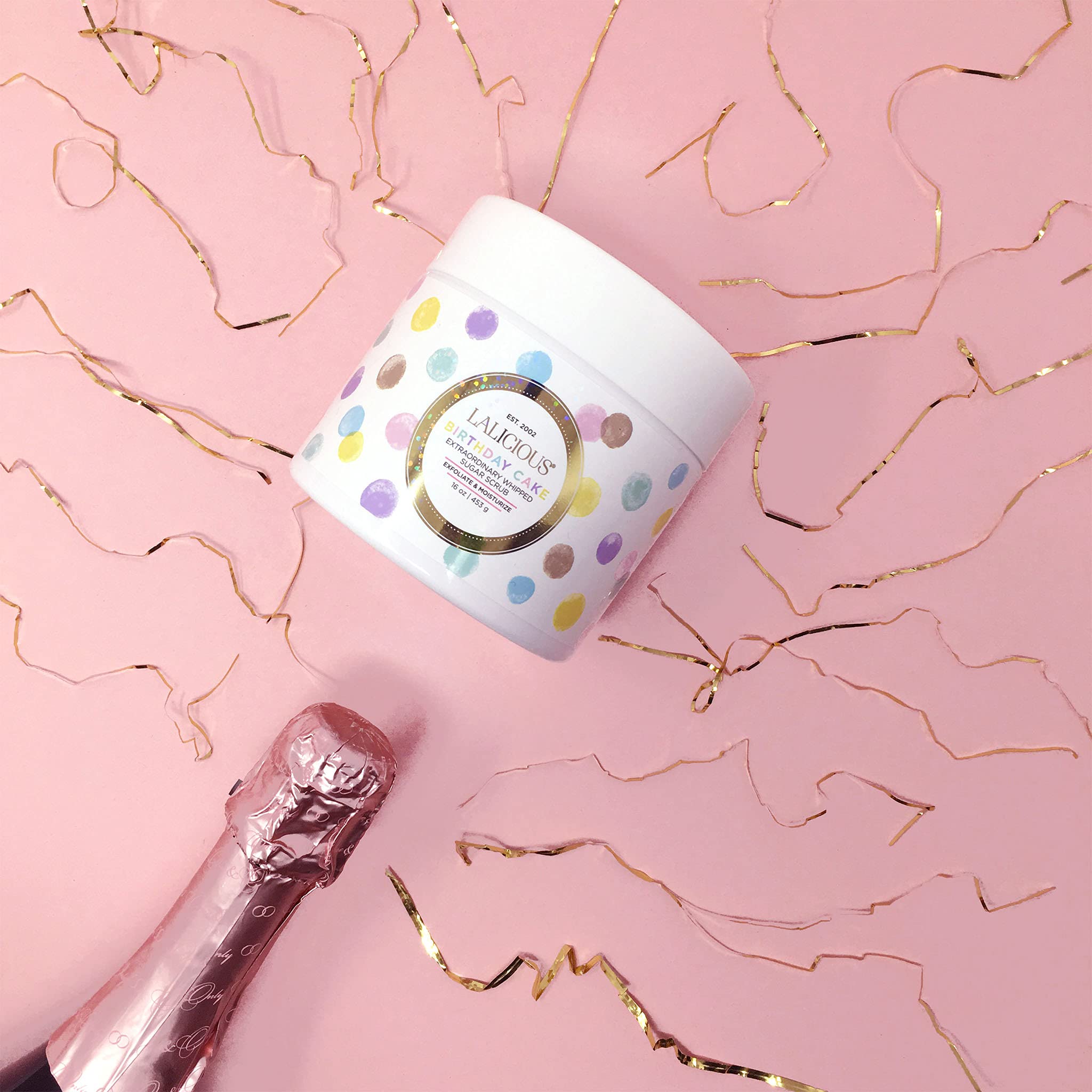 LaLicious Birthday Cake Extraordinary Whipped Sugar Scrub - Pink Shimmer Body & Foot Scrub, Exfoliating & Moisturizing Skin Care with Coconut Oil & Honey, No Parabens (16oz)