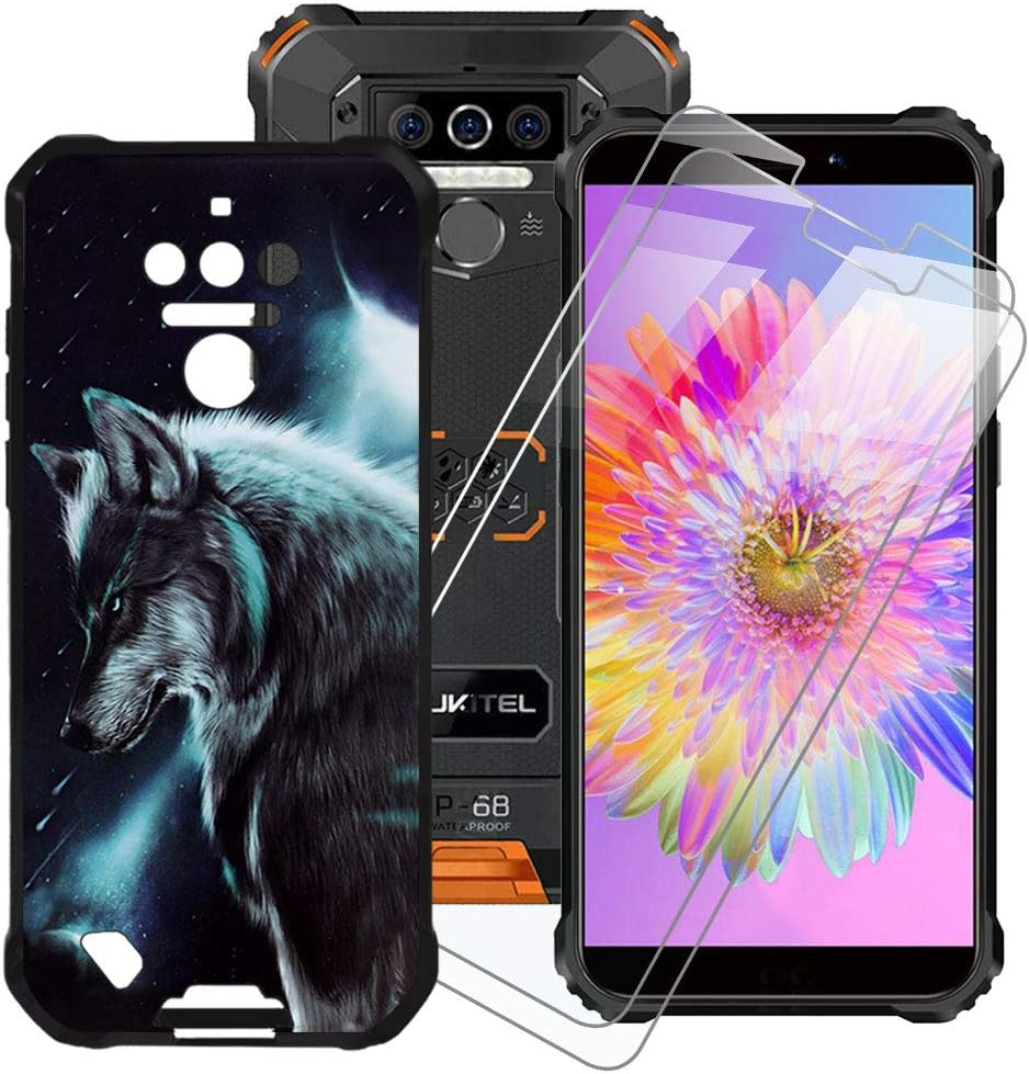 HHUAN Case Black + 2 Pack Tempered Glass Screen Protector for Oukitel WP5 2020 (5.50"), Flexible TPU Shell Silicone Gel Protective Case Bumper Cover - Lone Wolf