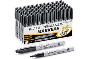 VEESA Permanent Markers Bulk, 75 Pack Black Fine Tip Permanent Marker Set - Waterproof | Quick Drying | Fade Resistant - Marks on Paper, Glass, Ceramic, Plastic, Wood, Rock, Metal