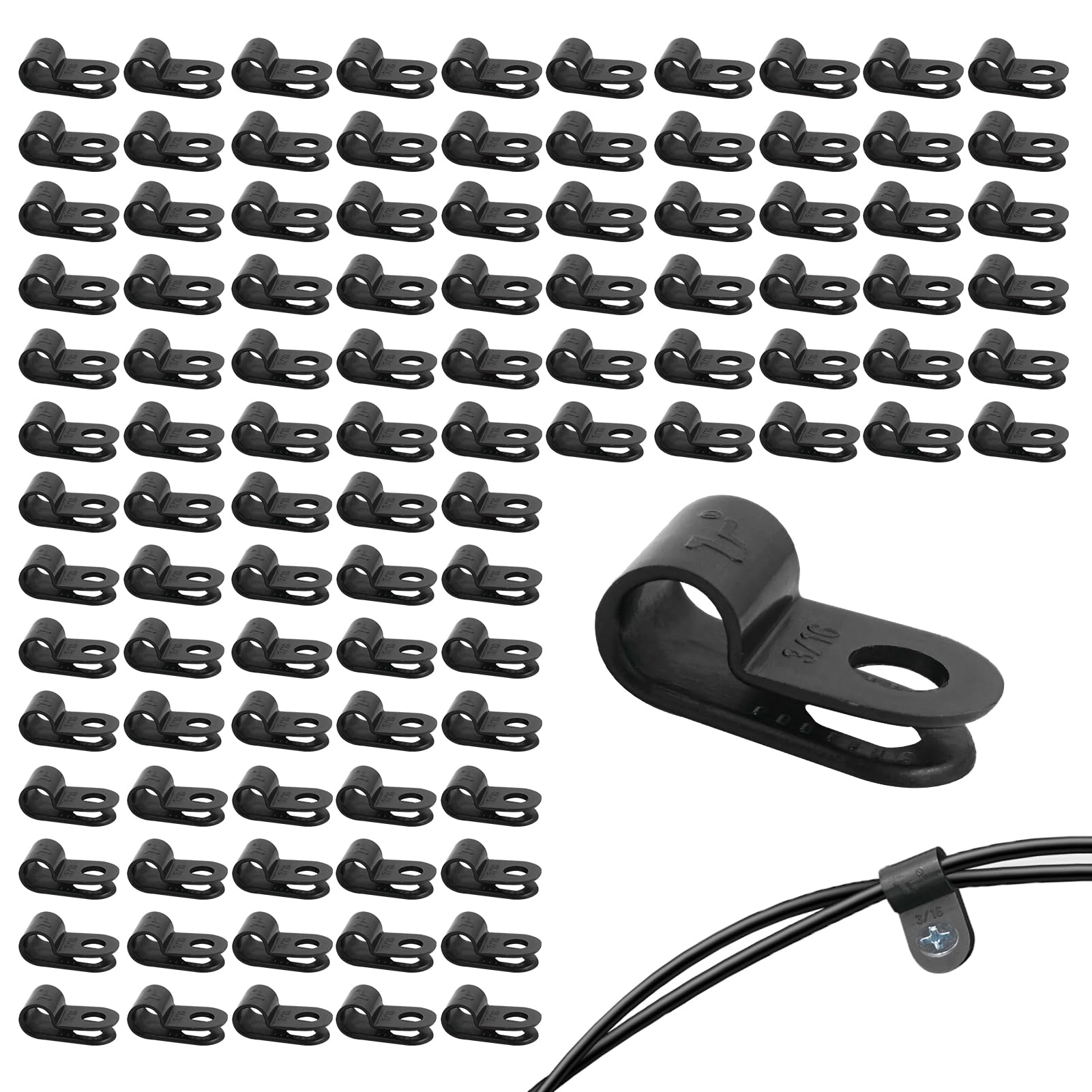 SMCEHEYA R-Type Cable Clips 100Pcs P Clips 5mm(3/16'') Diameter Wire Clips for Cable Nylon Cable Clips Black Cord Holder Plastic Cable Organiser for Electrical Cable Wire Conduit Fixings Wire Clamps