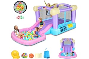 Whubefy Inflatable Pink Bounce House for Kids 2-8 with Slide, Ball Pit & 50 Ocean Balls, 161x82x63'' Jumping Castle w/Blower, Basketball Hoop, Dartboard, Stakes, Storage Bag for Indoor Outdoor Party