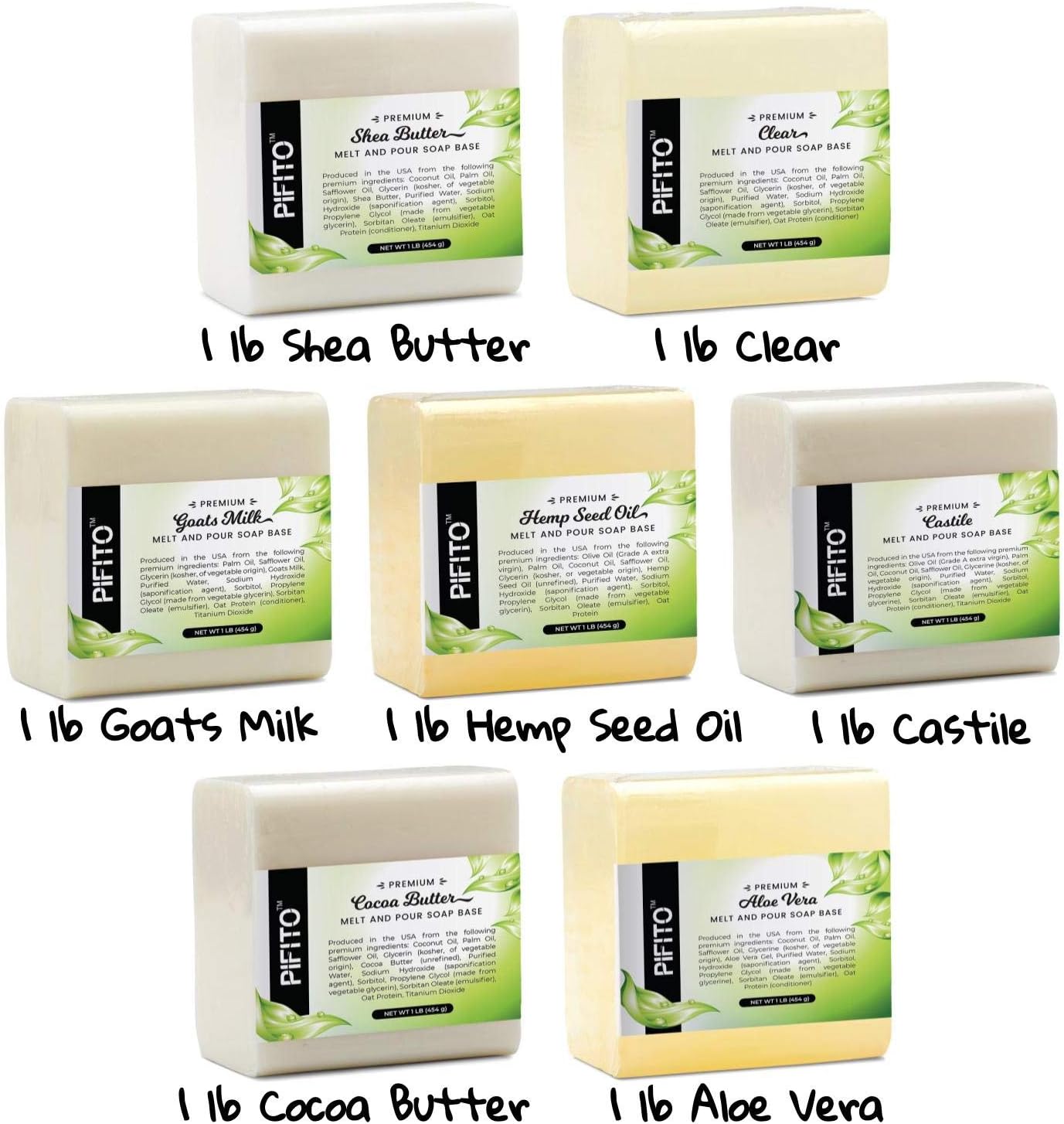 Pifito Melt and Pour Soap Base Sampler (7 lbs) │ Assortment of 7 Bases (1lb ea) │ Hemp Seed Oil, Clear, Aloe Vera, Goats Milk, Cocoa Butter, Shea Butter, Castile │ Glycerin Soap Making Supplies: Arts, Crafts & Sewing