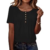 Rapbin Short Sleeve Shirts for Women Pleated Blouses Dressy Casual Tops | Soft, Button Crew Neck T-Shirts, Business Work Blouse, Peasant blouses, Trendy summer women's Tops, Loose Fit Tunic Fashion