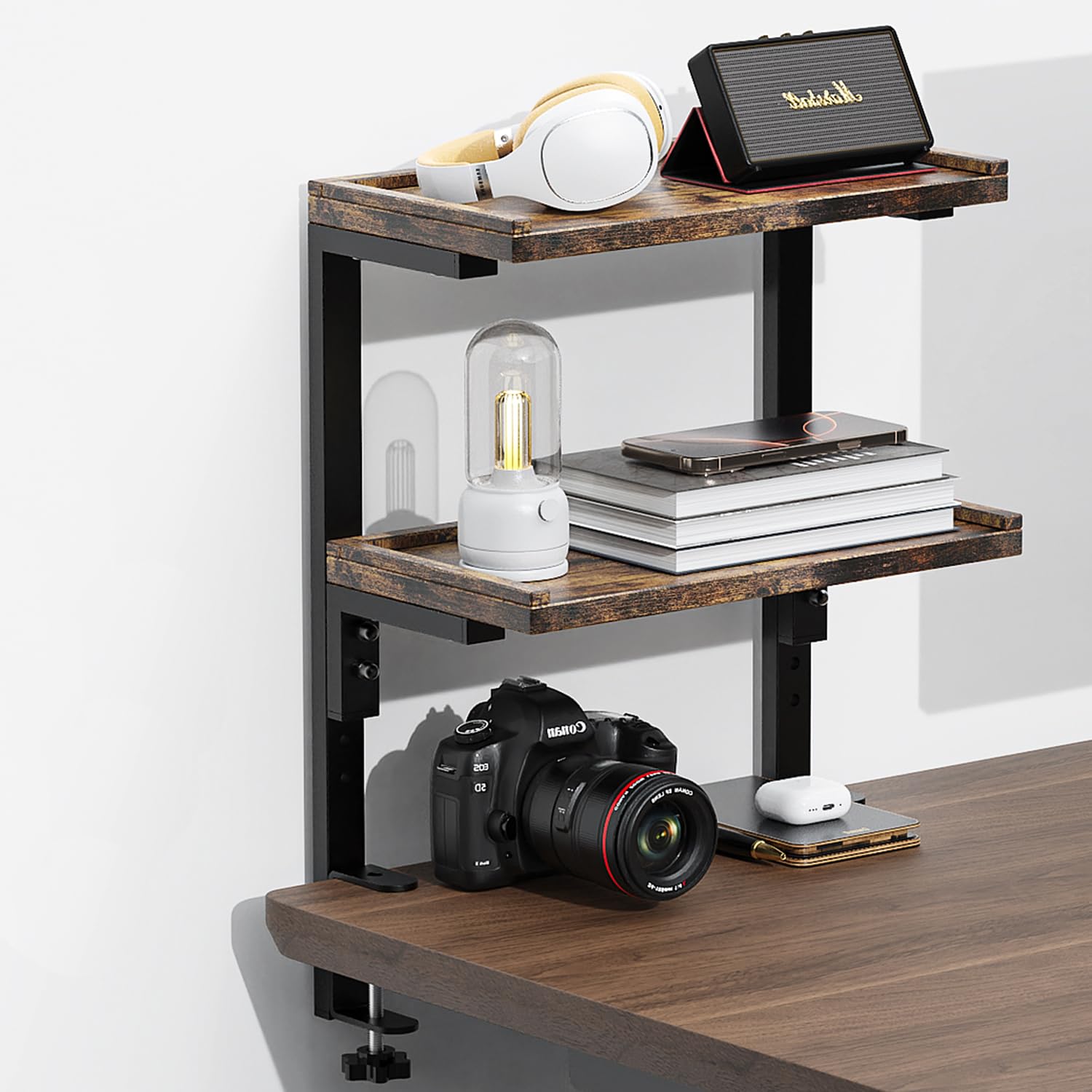 Photo 1 of Spacrea clamp on Desk Shelf, 2 Tier Office Desk Shelves Organizer, Wood Desktop Supplies Storage Rack, Desk Organizers and Accessories (Wood)