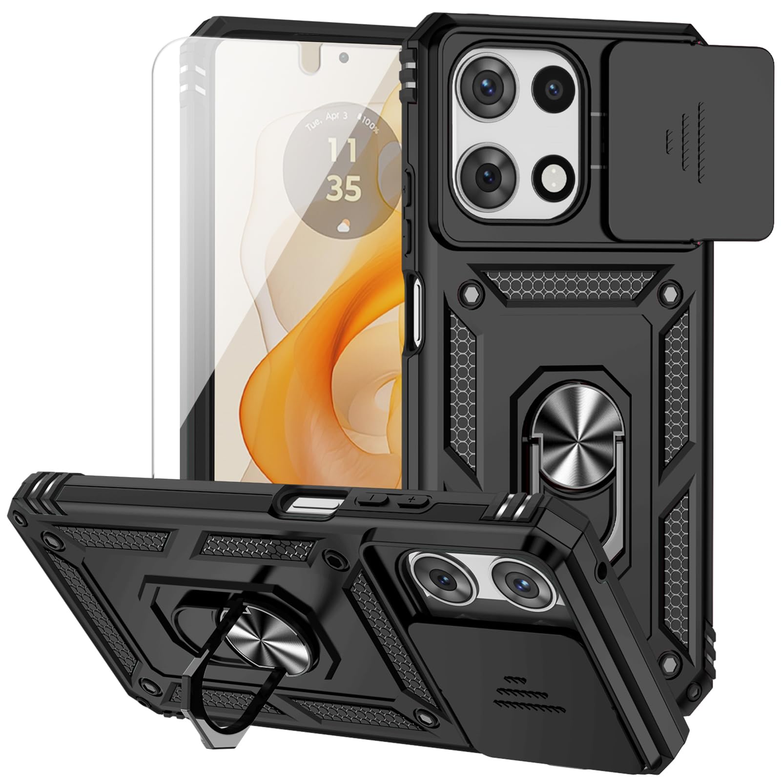 for Motorola Moto G 2025 / Moto G 2026 / Moto G Play 2026 Case, with Slide Camera Cover Screen Protector Ring Holder Kickstand Military Grade Protection 15ft Drop Tested Protective Phone Case (Black)