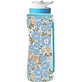 SLEILIN 32oz Cute Printed Sleeve Compatible With Cirkul Water Bottle For Plastic And Stainless Steel Bottles 32oz Neoprene Sweat-Wicking Material Insulated Cover Designed With Handles (Blue Flower)