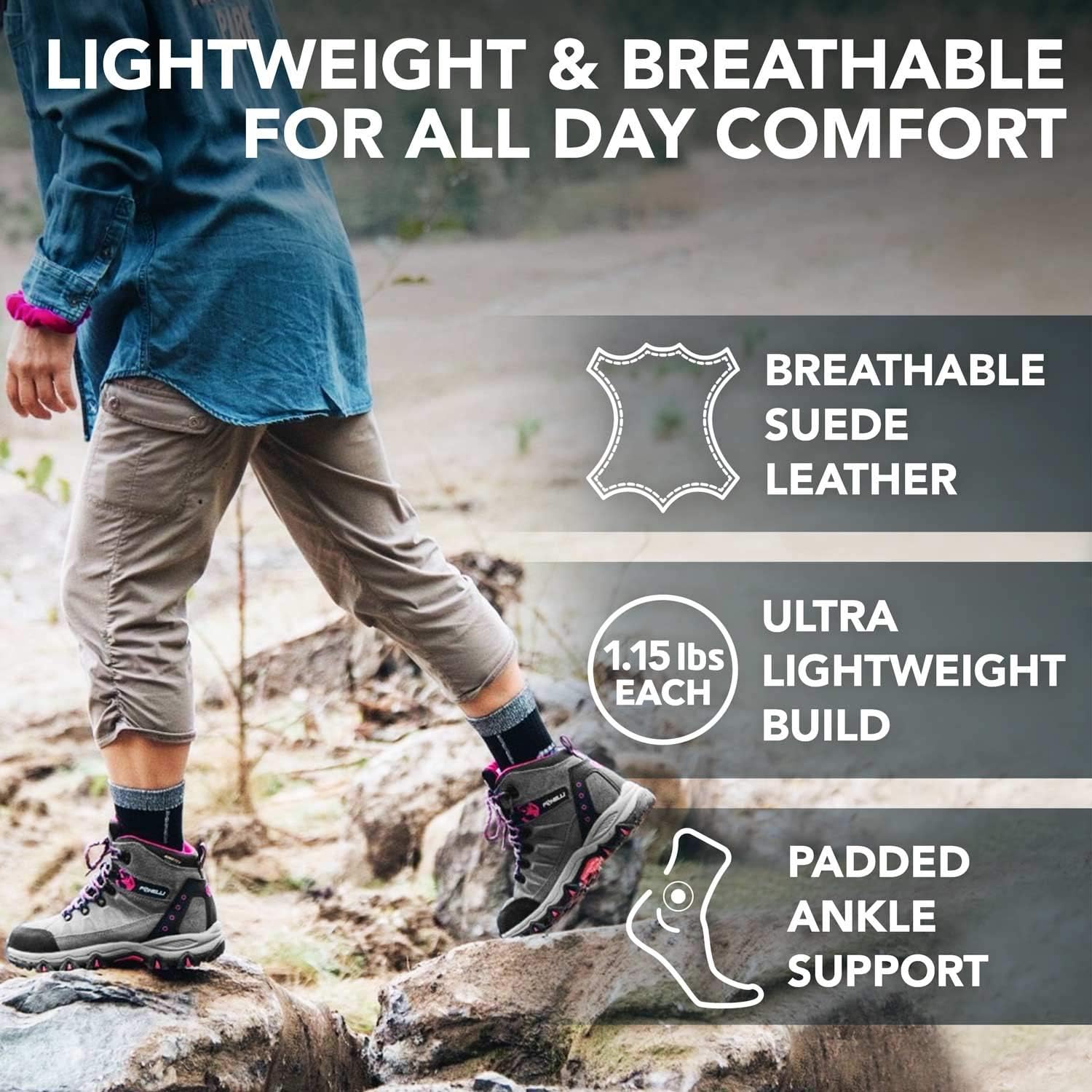  | Foxelli Women’s Hiking Boots – Waterproof Suede Leather Hiking Shoes for Women, Breathable, Comfortable & Lightweight Hiking Boot | Hiking Boots