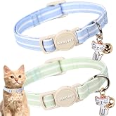ARING PET 2 Pack Cat Collar-Cute Cotton Cat Collar Breakaway with Bell &amp; Pendant, Adjustable Blue Green Striped Kitten Collars with Safety Buckle for Girl and Boy Pets