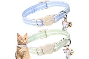 ARING PET 2 Pack Cat Collar-Cute Cotton Cat Collar Breakaway with Bell & Pendant, Adjustable Blue Green Striped Kitten Collars with Safety Buckle for Girl and Boy Pets